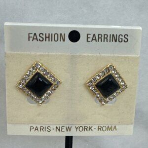 Vintage Paris New York Roma Square Rhinestone And Black stub Earrings